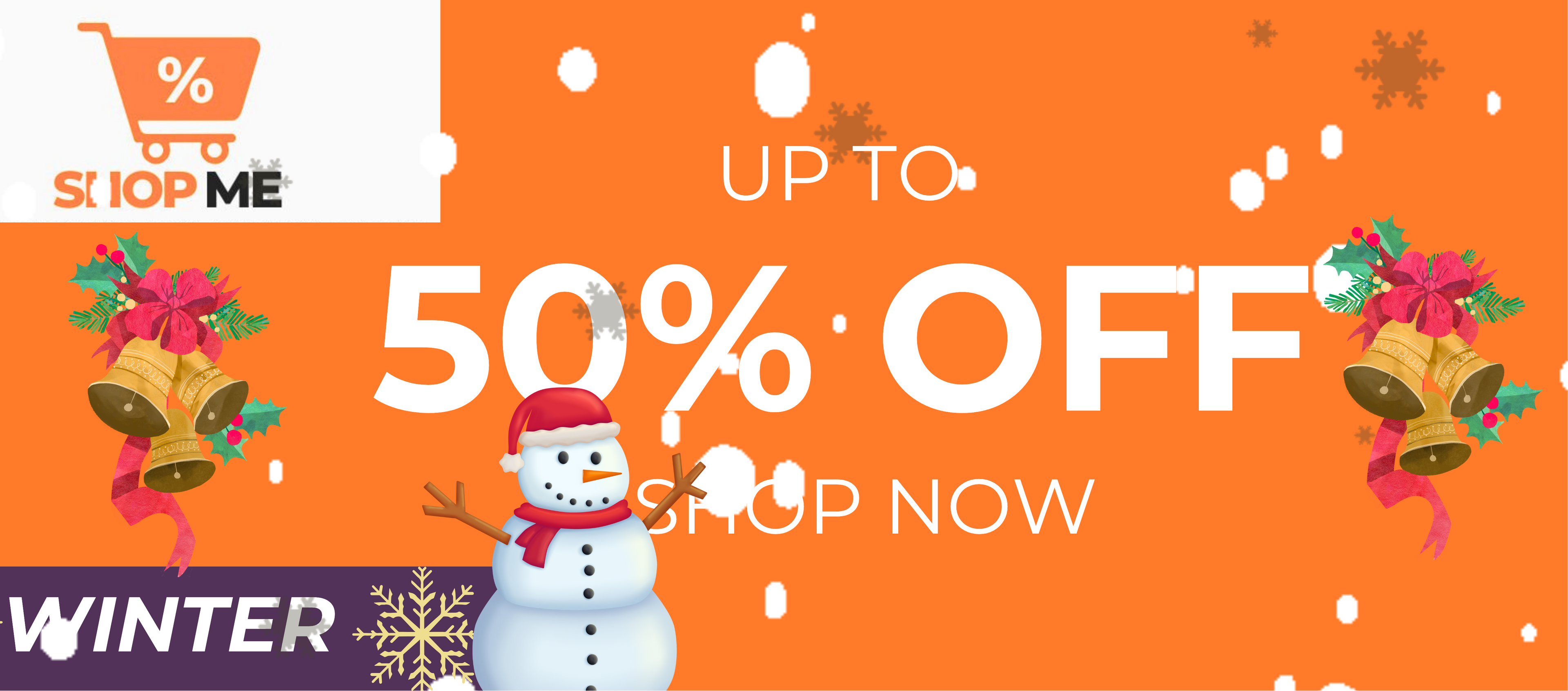Orange sale banner with snowmen, flowers, and text about a winter sale offer.